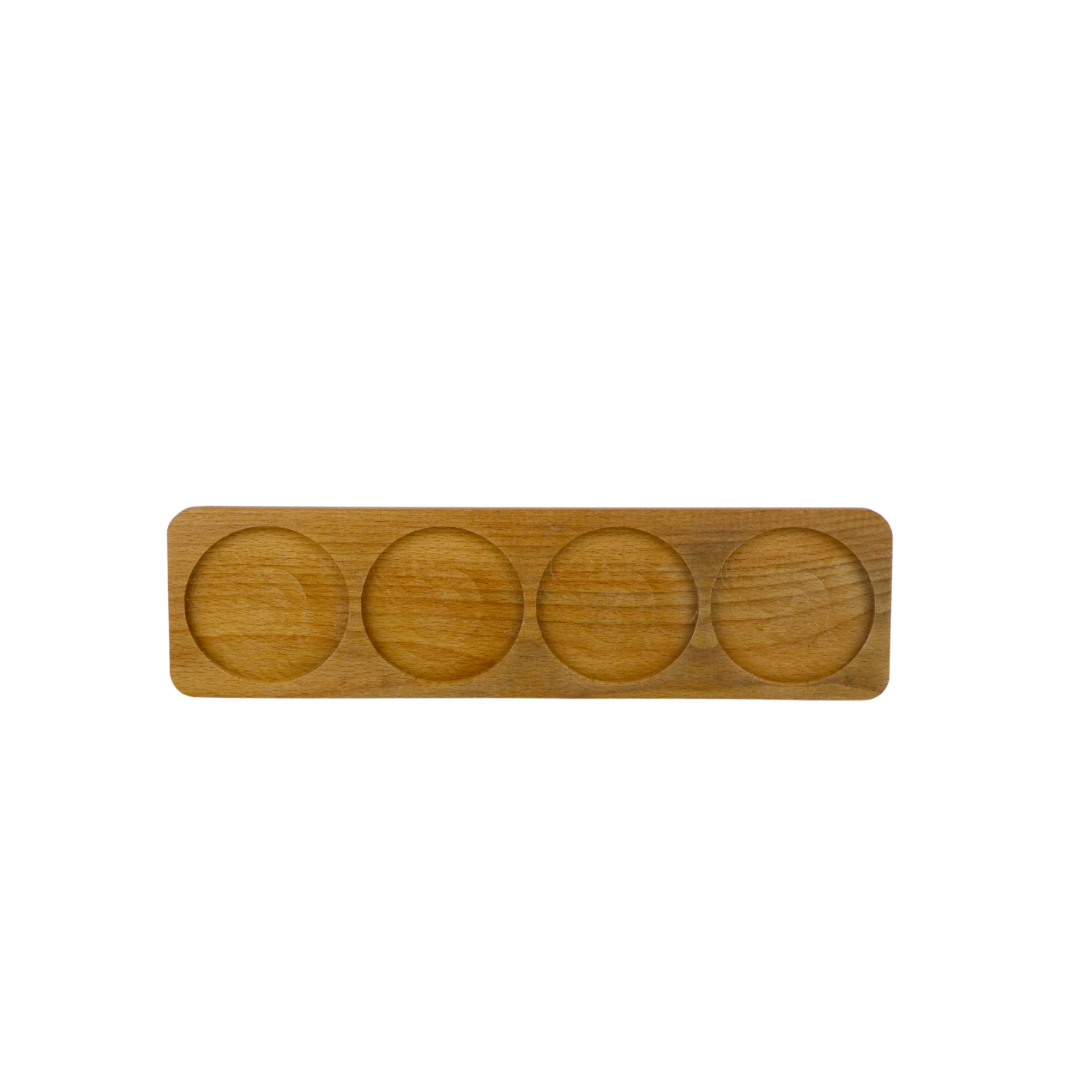 A set of 4-piece plastic spice boxes with a wooden stand