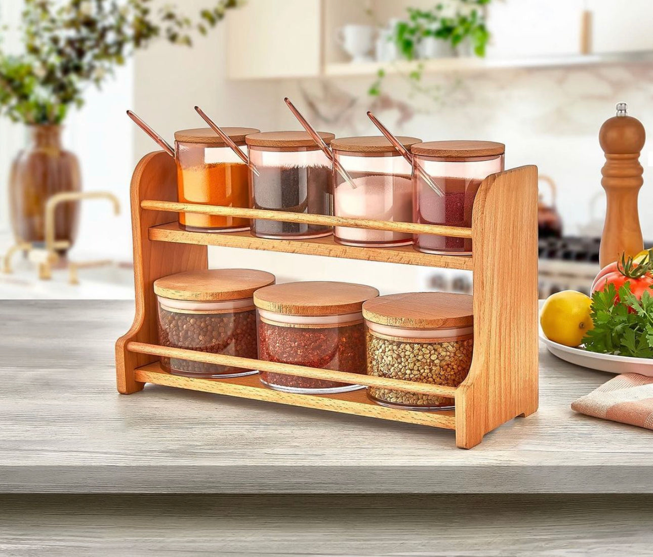 A set of plastic spice boxes consisting of 8 pieces and a wooden stand