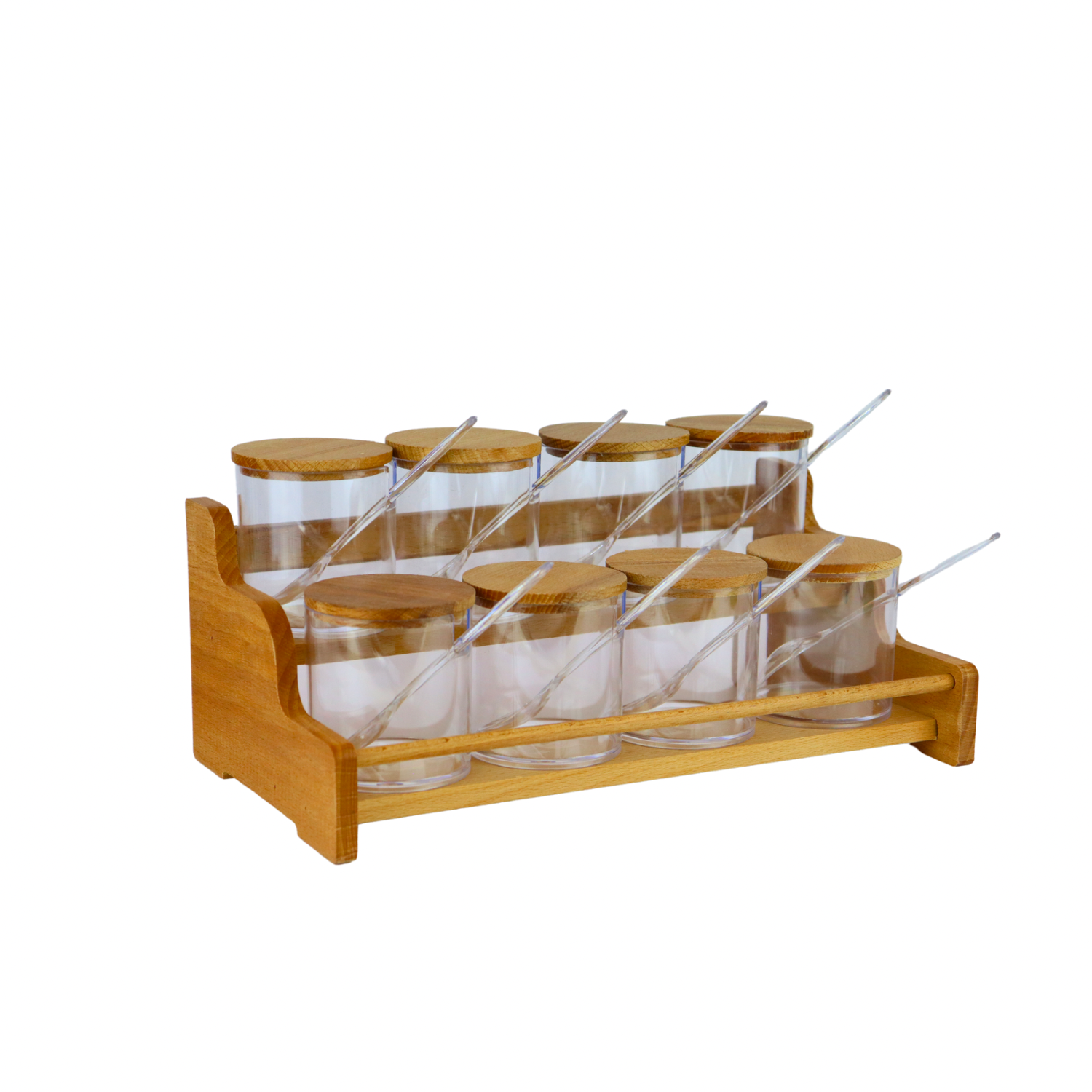 A set of plastic spice boxes consisting of 8 pieces and a wooden stand