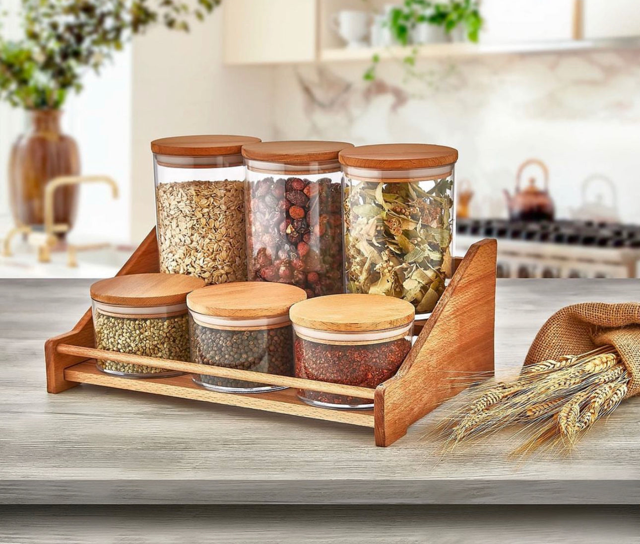 A set of plastic spice boxes consisting of 3 large and 3 small size boxes and a wooden stand