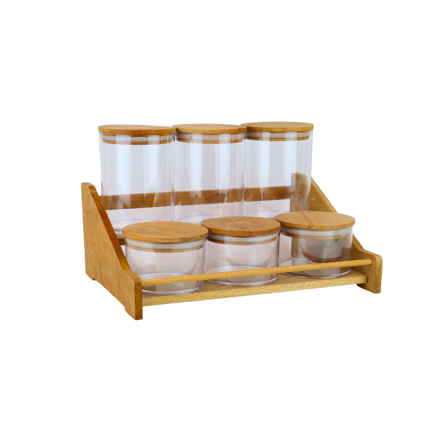 A set of plastic spice boxes consisting of 3 large and 3 small size boxes and a wooden stand