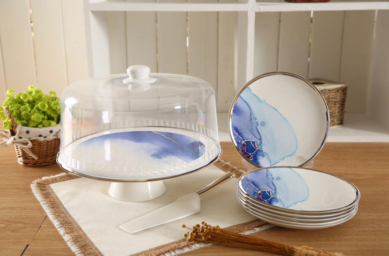 Cake stand set with 6 glass plates 